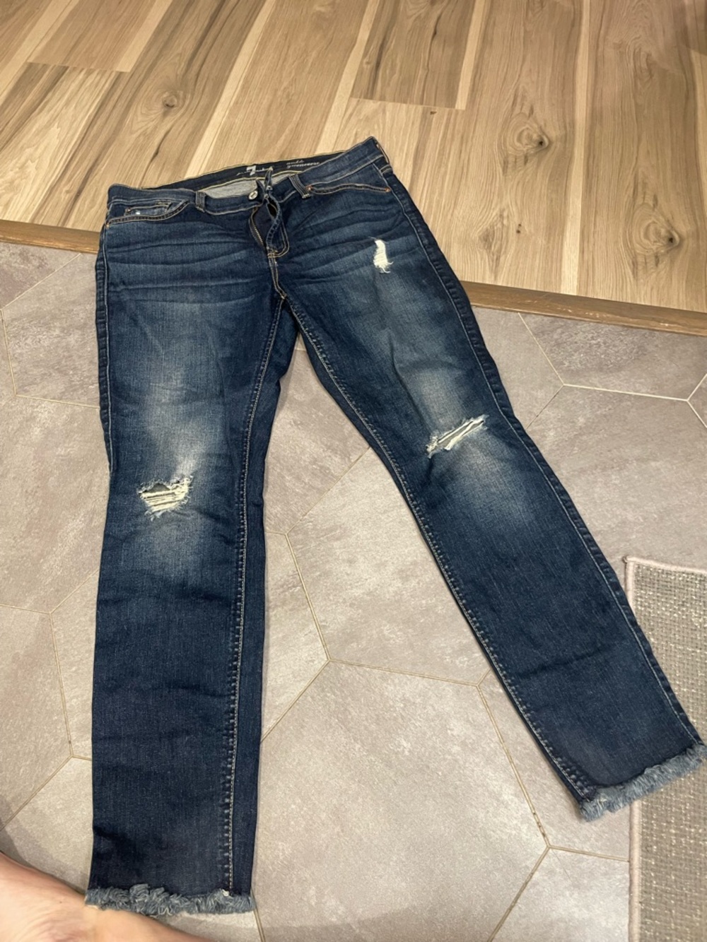 7 For All Mankind Dark Blue Distressed Straight Leg Jeans